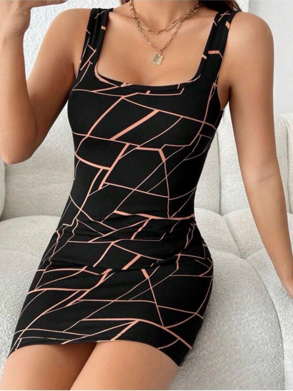 SHEIN Black & Tan Geometric Bodycon Dress